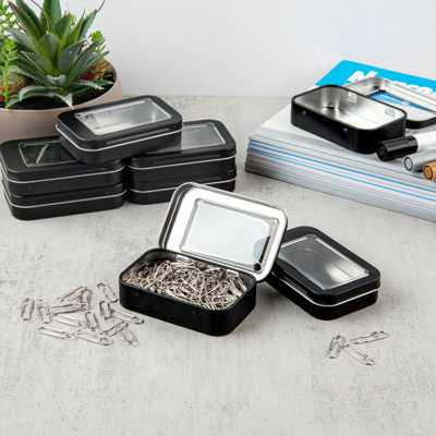 Restaurantware-RW Base 4.5 Ounce Rectangular Tin Containers, 100 Durable Tin Boxes With Lids - Clear Window Lids, Rounded Edges, Black Storage Containers, Customizable, Fits Mints, Or Pills