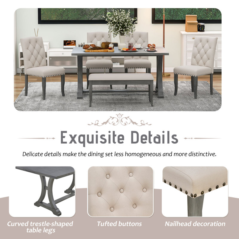 Shanequah 6-Piece Farmhouse Dining Table Set, Rectangular Trestle Table and 4 Upholstered Chairs & Bench for Dining Room,dining room set,dinning table set