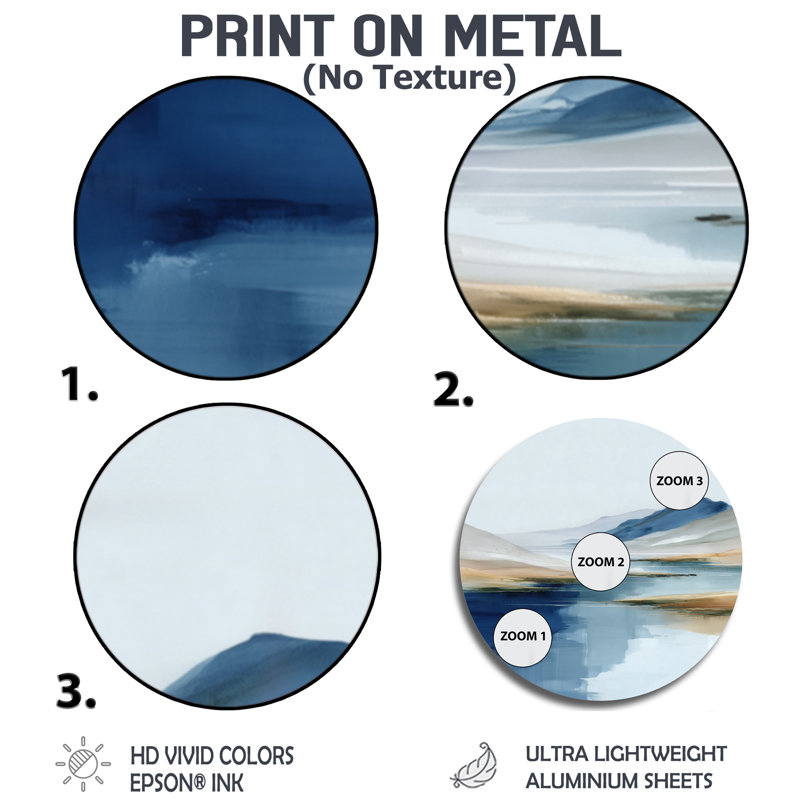 Décoration murale ronde en métal «Blue Waves Heights Golden Coastal - Lake Mountains», L 29 po x H 29 po