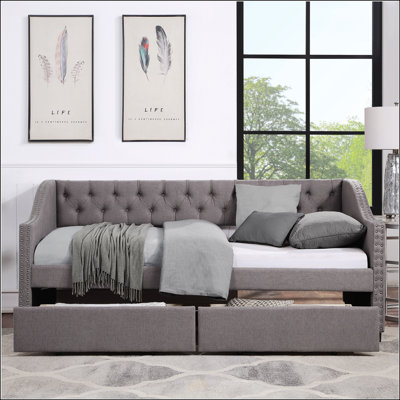 Upholstered Twin Size Daybed With Two Spacious Drawers, Wood Slat Support For Enhanced Comfort And Durability, Gray