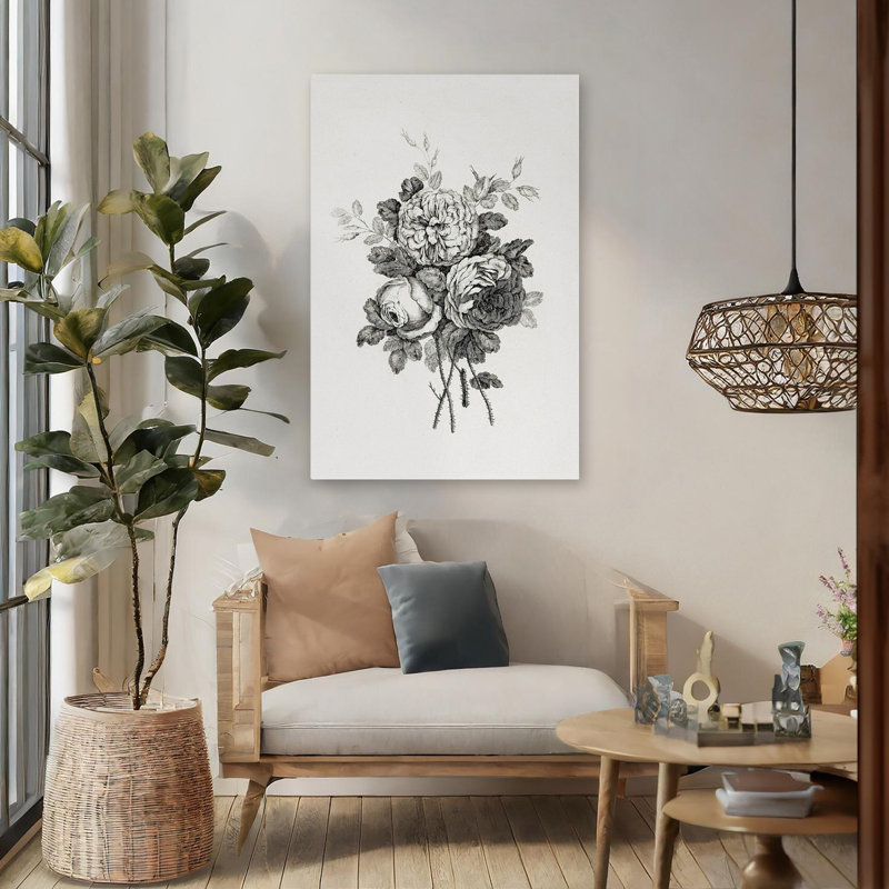 Gravure florale I - fleurs rétro, art rétro noir et blanc, H 32 po x l 48 po