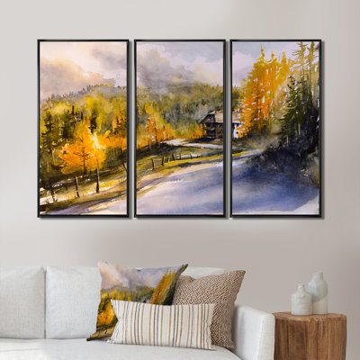 " Autumn Landscape With Yellow Orange, Green Trees " 3 - Pieces Painting Print