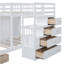 Lit superposé double au-dessus de simple avec garde-robe, tiroirs, blanc