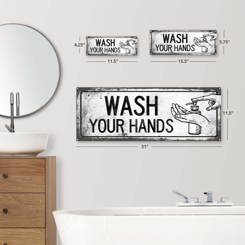 Wash Your Hands with Graphic Metal Sign, 5.75" H x 15.5" W x 0.04" D