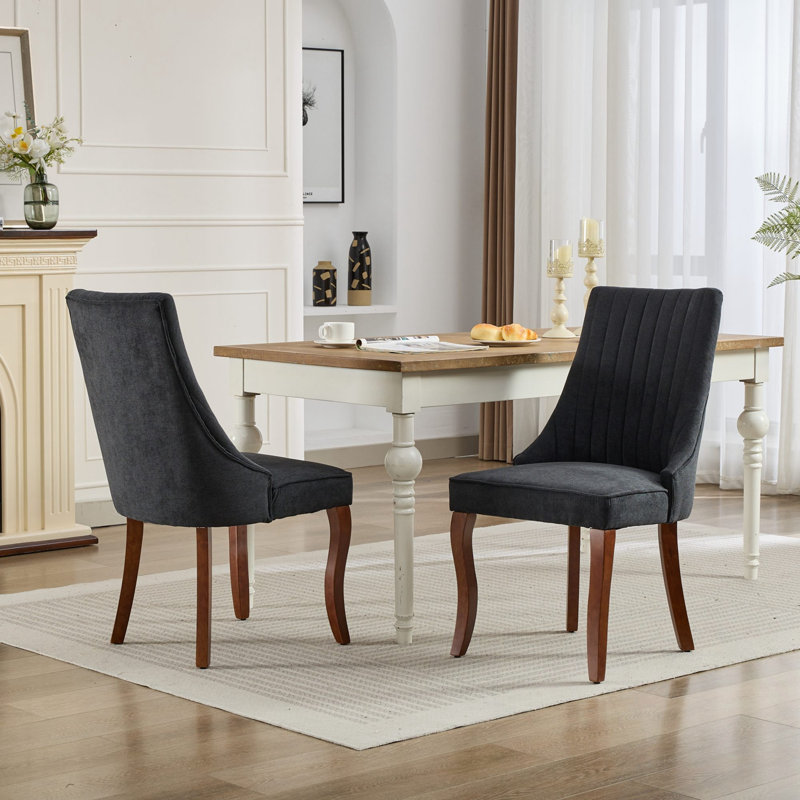Ensemble de 2 chaises de salle à manger en lin avec pieds courbés en bois, Black