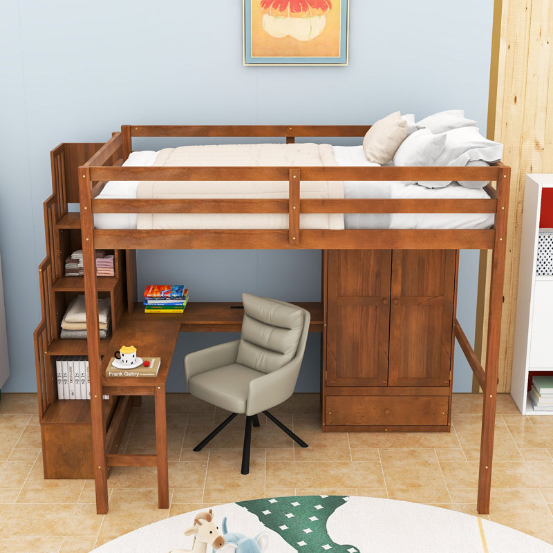 Full Wood Loft Bed with Desk, Wardrobe, Drawer, Shelves and Charging Station, Walnut