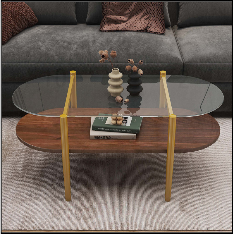Oval Shaped Glass Coffee Table with Medieval Modern Design, Double-Layer Storage, Transparent Glass and Coffee Brown MDF for Living Room
