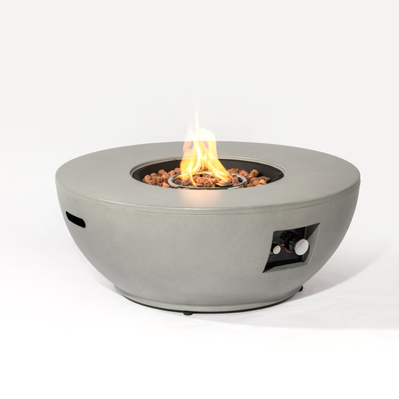 36“ W x 15" H Round Outdoor Propane Fire Pit Table in Solid Concrete color 50,000BTU with Lid and Hideaway Tank Cover as Side table
