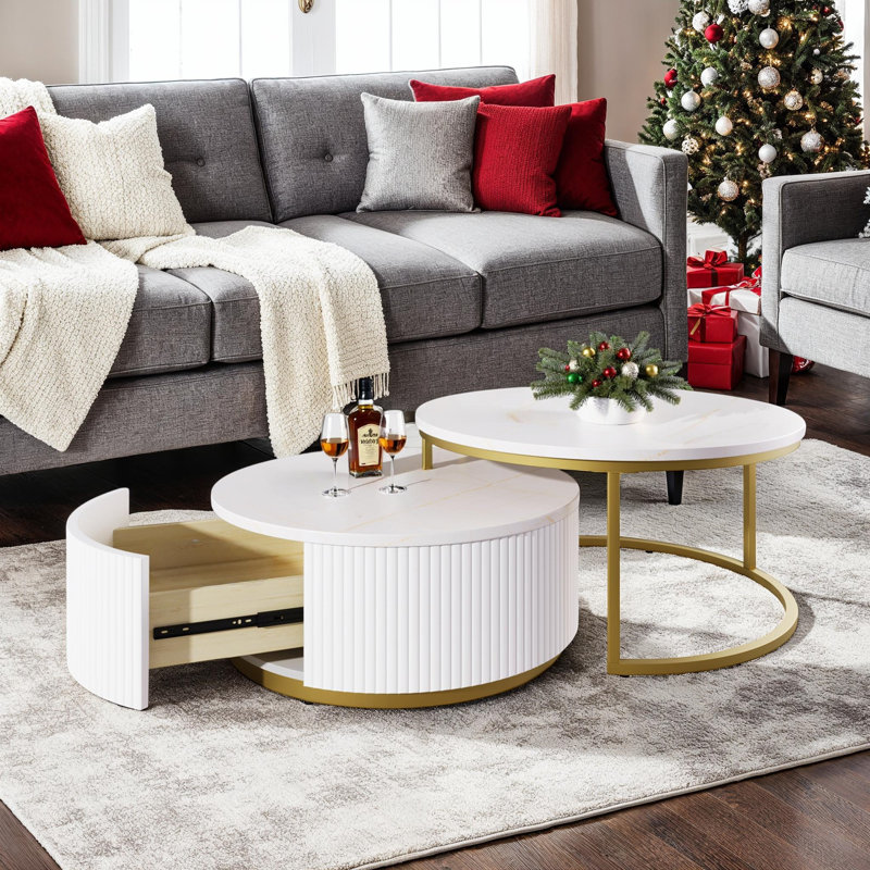 Space-Saving Round Coffee Table Set with Drawer, White, 15.75" H x 27.5" L x 27.5" W