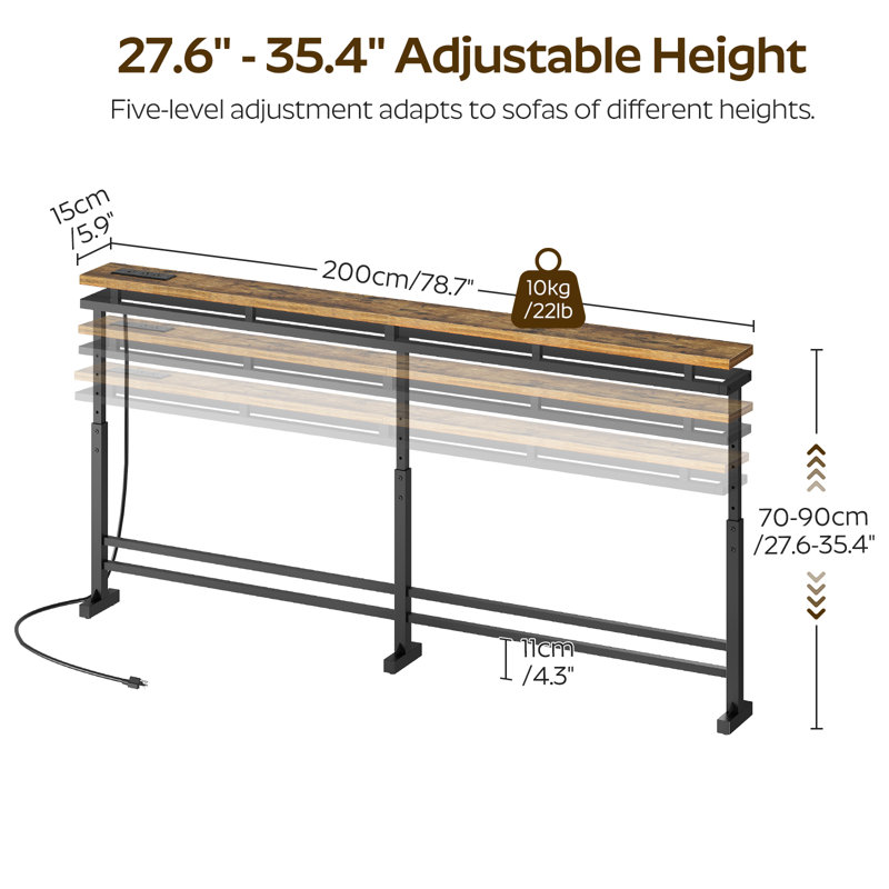 Console Table Entryway Table Behind Couch Table Height Adjustable (27.6"-35.4") with LED Light Strip and Charging Station