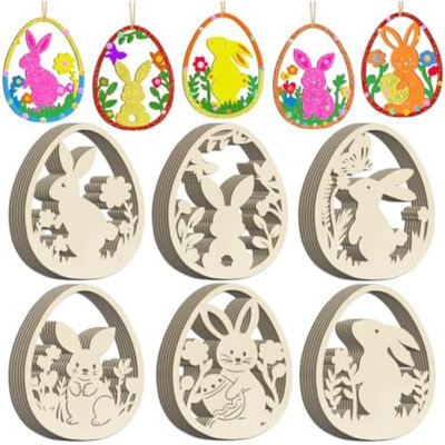 36PCS Wooden Easter Ornaments To Paint, 6 Styles DIY Blank Unfinished Wood Egg Cutouts Ornament For Crafts Hanging Decorations Happy Easter Hallow Egg Rabbit Bunny Butterfly Flower Hen