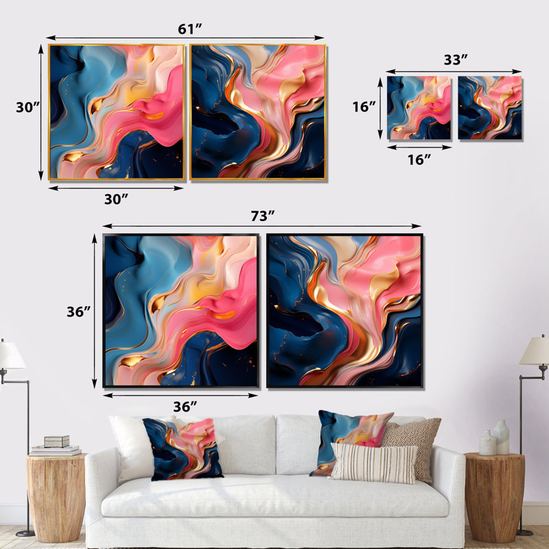«Pink and Gold», encre liquide abstraite I - ensemble de 2 reproductions d'art sur toile, H 30 po x l 61 po x P 1 po