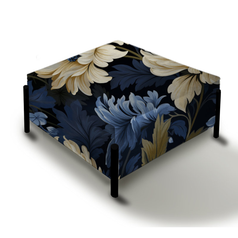 Beige et bleu damassé fleur nostalgie - Grand repose-pieds carré damassé