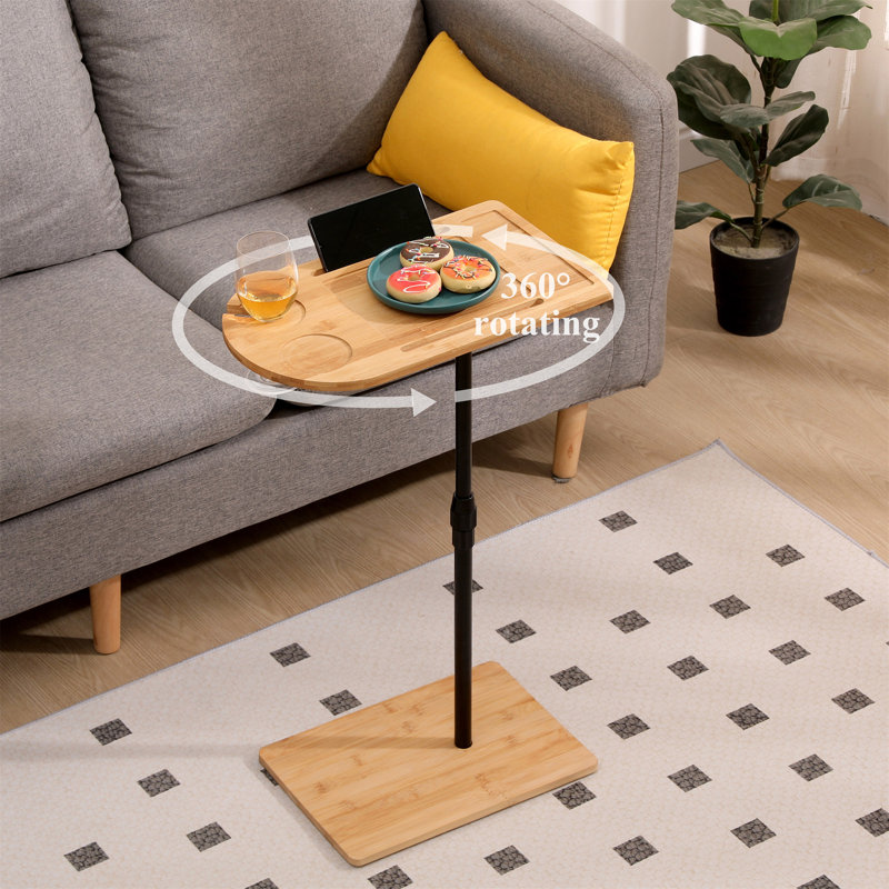 Tray Table Bamboo Height Adjustable Side Table For Sofa C-Shaped Oval End Tables With Slots
