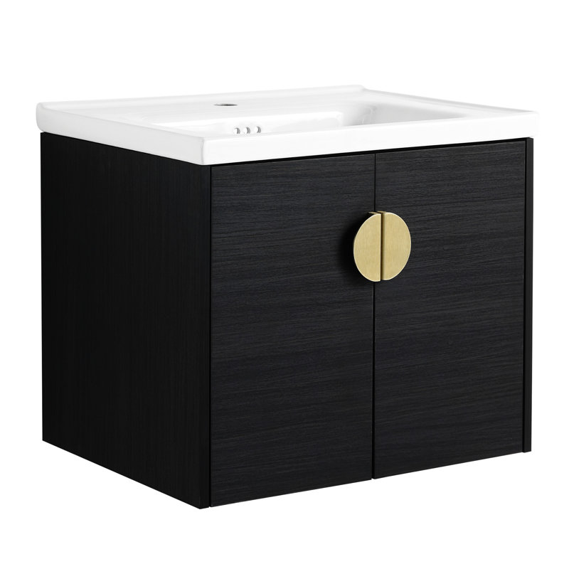 Meuble de salle de bain 24 po en châtaignier noir, meuble-lavabo mural avec lavabo moderne, pouces, appréciation, vaste choix de rangement à respecter, lavabo en céramique élégant et poignée en métal