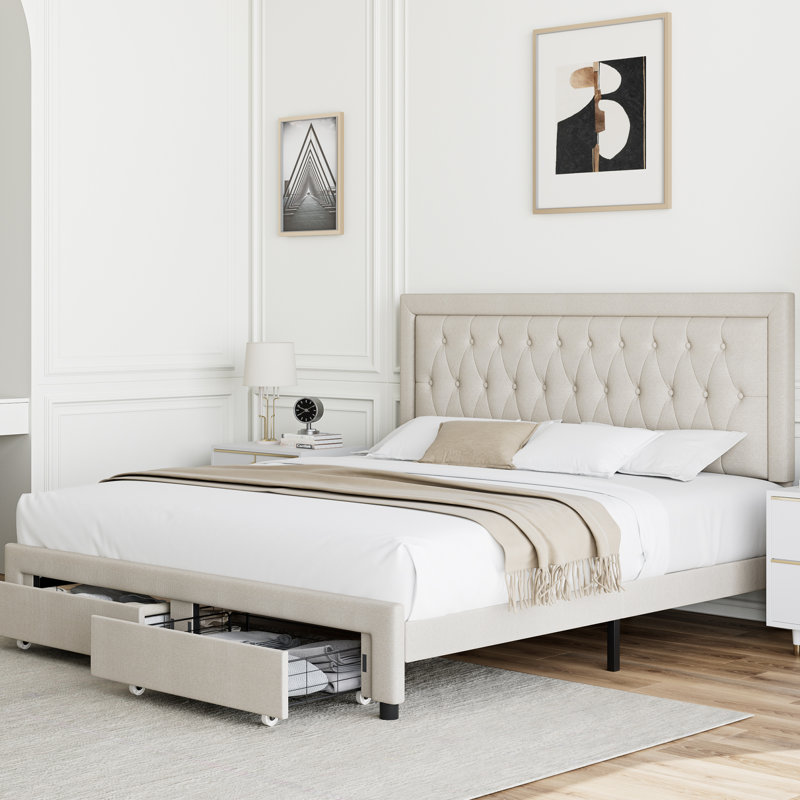 Emanuell Linen Upholstered Platform Bed with 2 Drawers, Storage Bed Frame With Tufted & Height-Adjustable Headboard - King