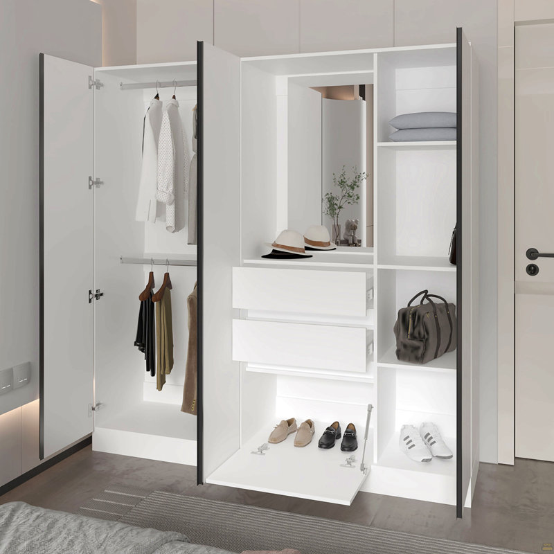 Organisateur de garde-robe blanc avec miroir et compartiments de rangement