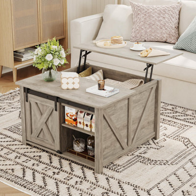 31.5" Gray Farmhouse Lift Top Coffee Table, Square Center Table Sliding Barn Door, Hidden Storage & Adjustable Shelves