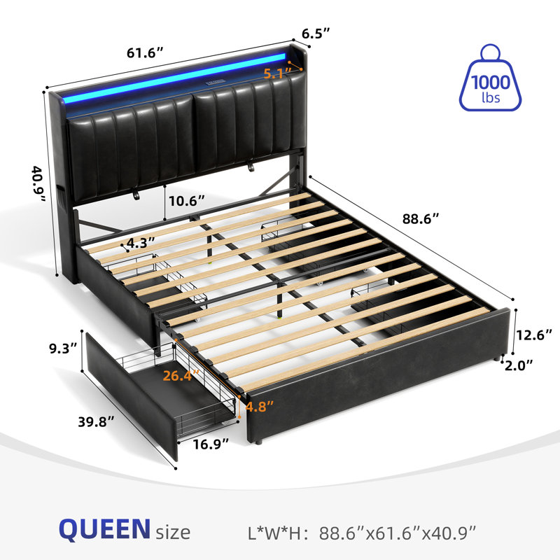 Sharella Upholstered Storage Bed With Charging Station And LED Lights, Queen