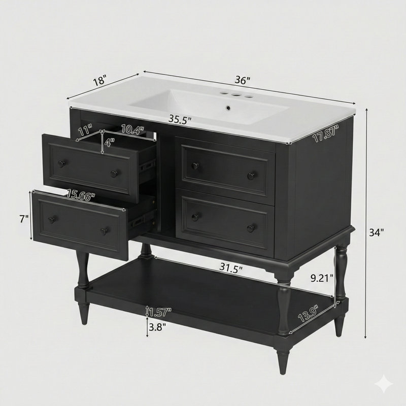 Ensemble de meuble-lavabo 36 po avec ensemble de meuble-lavabo, lavabo en céramique encastré, ensemble de meuble-lavabo autoportant à quatre tiroirs, armoire de salle de bain en bois massif noire