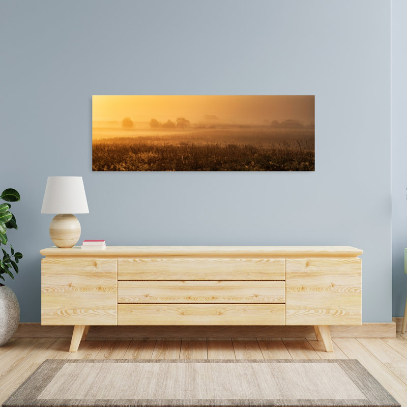 «Misty Golden Field Peaceful Serene Tranquil Orange Tree Landscape Nature», art mural, H 16 po x l 48 po