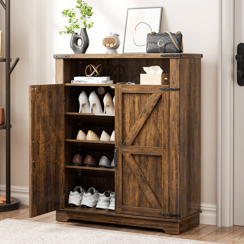 32'' Farmhouse Shoe Storage Cabinet with Barn Doors, Wood Entryway Organizer with 2-Tier Open Shelf and Adjustable Shelves