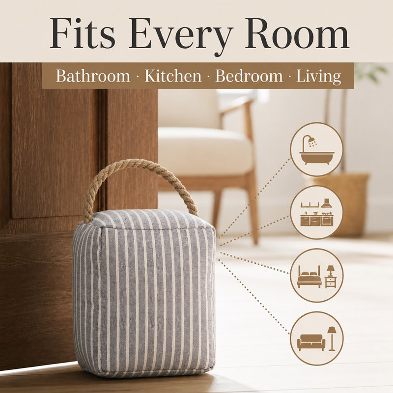 Blue Striped Fabric Door Stop, Sand Filled Weighted Doorstop with Braided Jute Rope Handle, Woven Polyester Bag Doorstopper for Bathroom Bedroom Entryway
