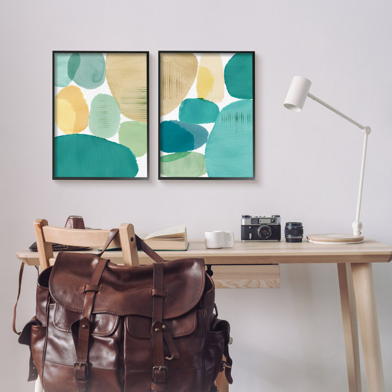 Abstrait géométrique vert 2 pièces, H 20 po x l 32 po x P 1,5 po, Giclée encadrée noir minuit