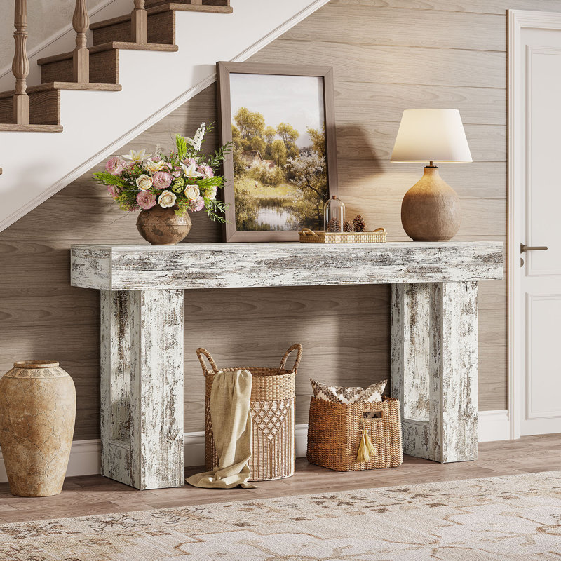 Console 63 po, canapé rectangulaire en bois naturel, console décorative rectangulaire pour entrée, couloir et salon (blanc vieilli)