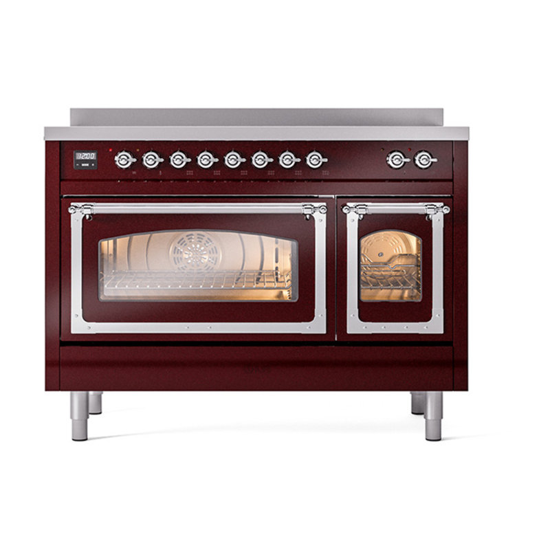 ILVE Nostalgie II Noblesse 48 in Induction Range, 6 Induction Elements (Glass Door), Burgundy/Chrome