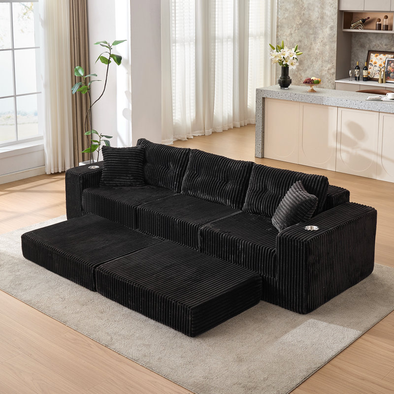 109” W Modular Compression Sofa With Ottoman, High Rebound Density Sponge Sofa, Black