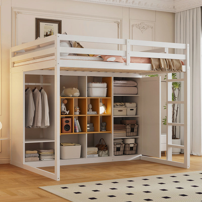 Lit en bois avec garde-robe, tablettes et armoire, Complète, Jaune / Blanc