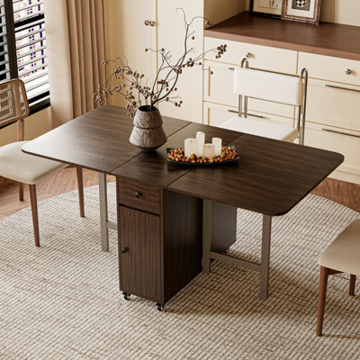 No Assembly Required, 59'' Walnut Folding Dining Table For Small Space, Rectangular Wooden Extendable Drop Leaf Table With Lockable Wheels And Storage For Kitchen Dining Living Room