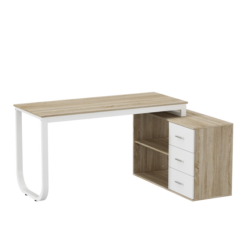 Akirah L-Shaped Metal Base Writing Desk, Natural, White