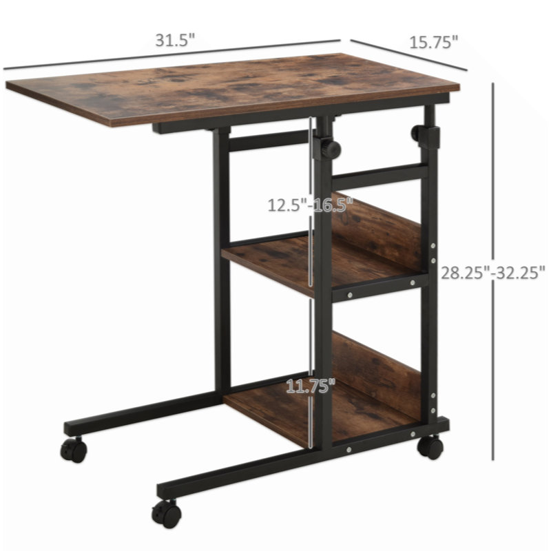 Industrial C-Shaped Mobile Rolling Sofa Side Table With 3-Tier Storage Shelving, Adjustable Height