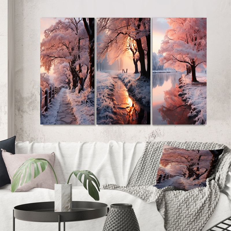 «Winter Landscape Frosty Path», 3 pièces, Cadre blanc, H 20 po x l 36 po