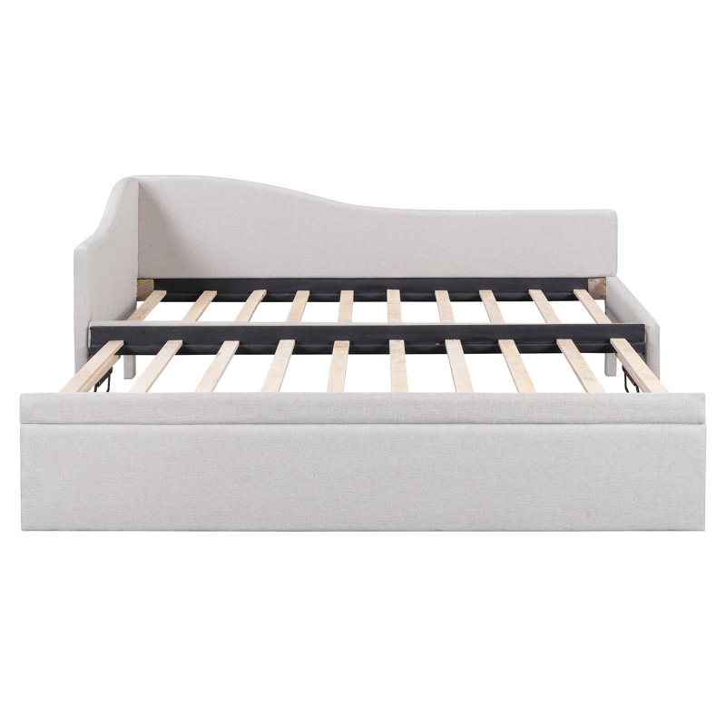 Lit de jour simple tapissier en L rembourré avec lit gigogne, Beige