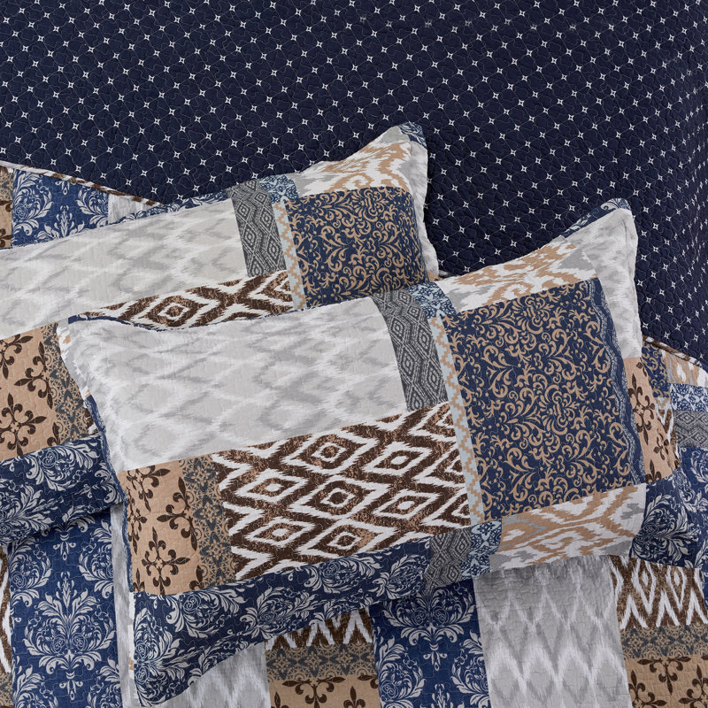 Blue and Beige Cotton Reversible Full Quilt Set