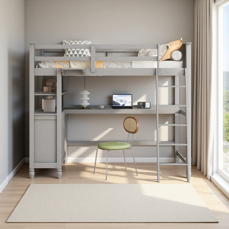 Lit mezzanine simple avec tiroirs et bureau, lit mezzanine en bois avec tablettes, Gris, Lit simple