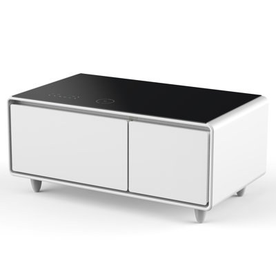 Modern Smart Table With Built-in Refrigerator, Wireless Charging, Atmosphere Lamp, Ports, White Coffee Dual Charging Pad, Speakers, Abs, , Removable Door Seal,