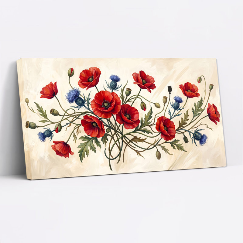 Art sur toile, coquelicots rouges et chardons bleus sur fond crème, L 46 po x H 24 po