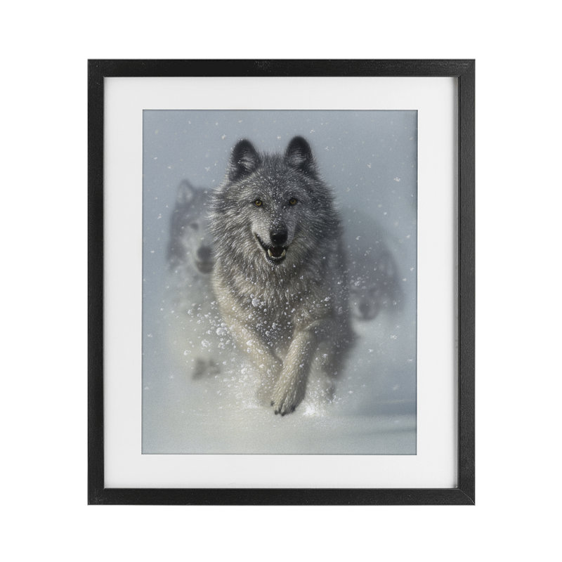 «Snow Plow Run Wolf Pack», reproduction sous verre, conception de Collin Bogle, Cadre noir minuit, H 16 po x l 13 po
