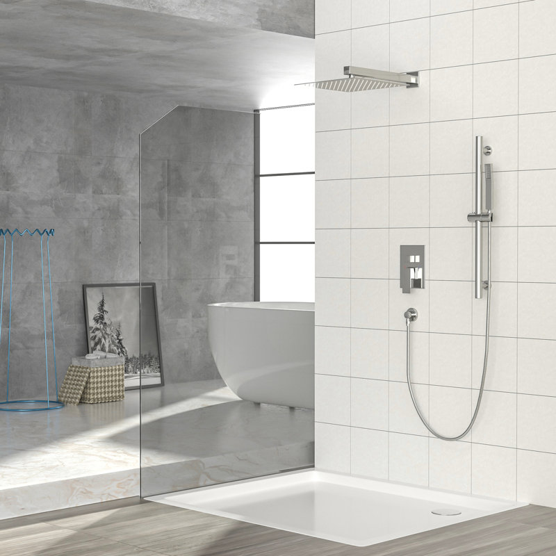 Douche carrée de 12 pouces en nickel brossé - Barre coulissante réglable, soupape équilibrée et composant portatif avec tête