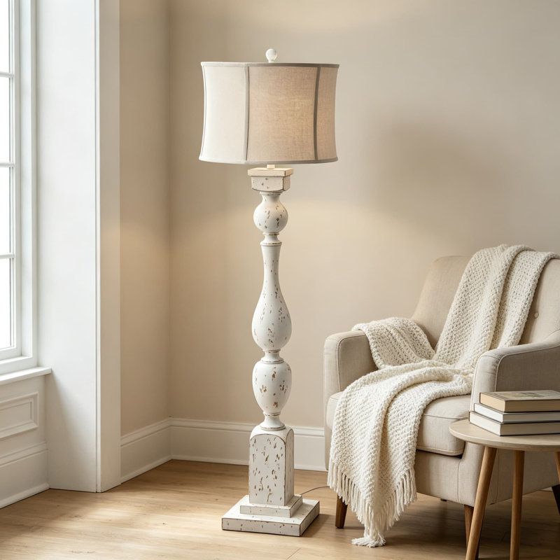 Lampe sur pied traditionnelle avec interrupteur à 3 voies, base en polyrésine blanc antique et abat-jour tambour en cloche pour le salon ou la chambre à coucher
