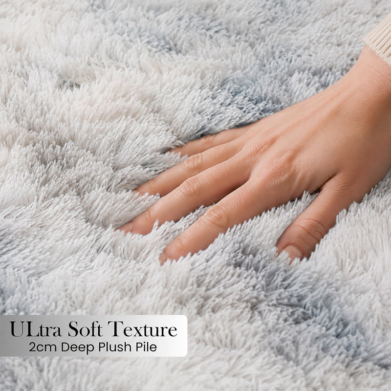Luxury Plush Shaggy Area Rug & Runner, Soft Deep-Pile Non-Slip Living Room Carpet, Tye Dye Light Grey, Runner 80 x 300 cm