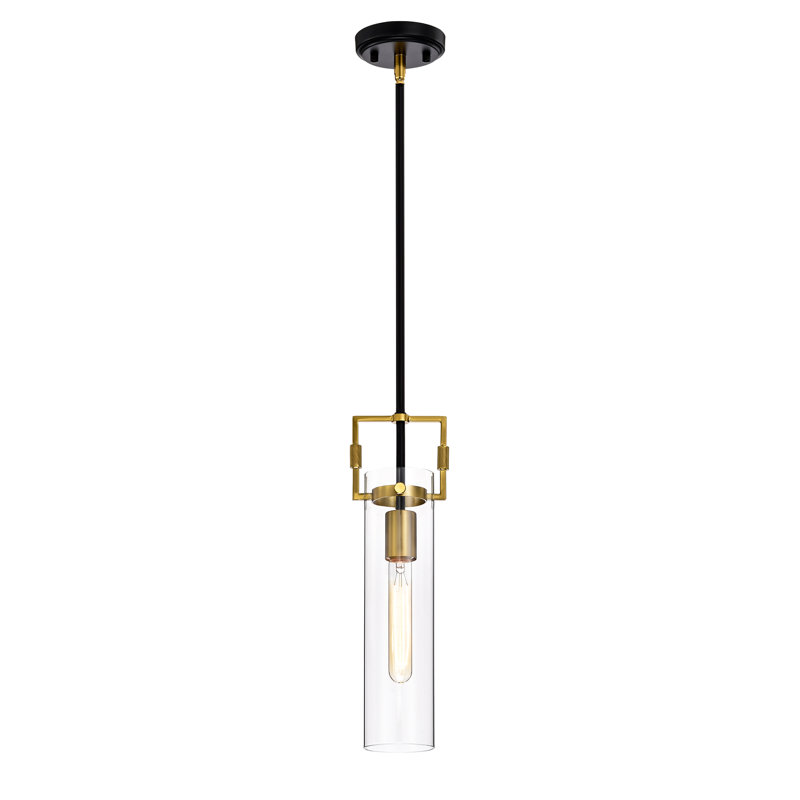 Mini-luminaire suspendu 1 lumière noir et doré antique avec abat-jour cylindrique en verre transparent, Noir/or antique, 3