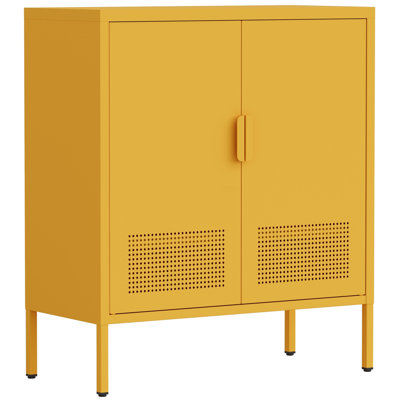 3 Tier Metal Storage Cabinet With Legs & 2 Doors, Locker Style Accent, 2 Adjustable Shelves, Multi-Purpose Organizer, Easy Assembly For Home, Office, Entryway,  Yellow