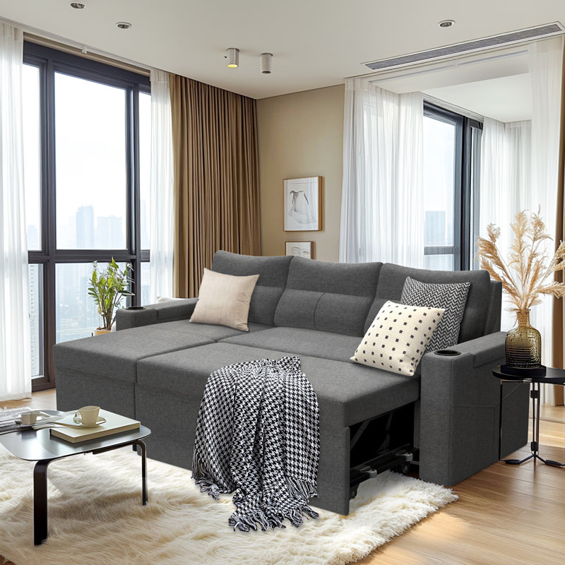 81" L-Shaped Sleeper Sofa With Pull-Out Bed & Armrest Storage, Gray