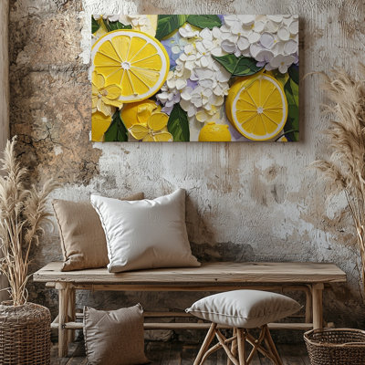 Wall Art Canvas Lemon And Hydrangea Canvasbright Citrus And Floral Decorative Art