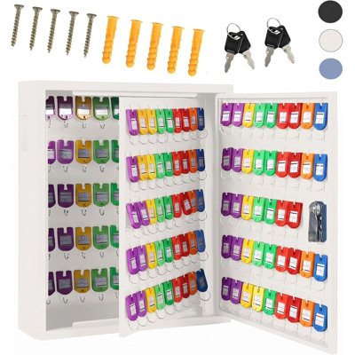 Heavy Duty Steel Key Cabinet Organizer with Lock – 133 Numbered Hooks, Color-Coded Tags, Secure Wall Mounted Key Storage Box for Home, Office, Garage, Hotel – White, 133 Pieces
